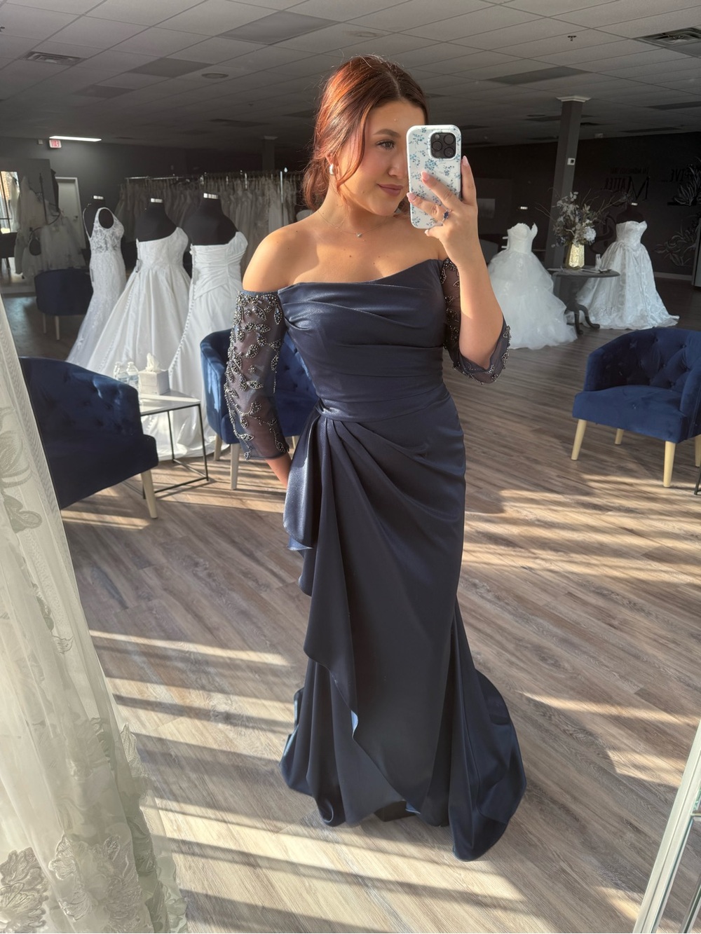 Marsoni Off-Shoulder Navy Evening Gown with Embellished Sleeves MV1254
